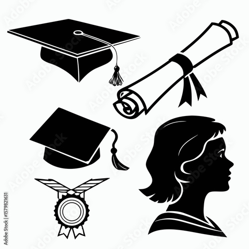 Graduation caps diplomas and achievement medal silhouettes scroll