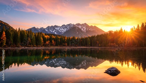 Fototapeta Naklejka Na Ścianę i Meble -  Autumn sunrise over mountain lake