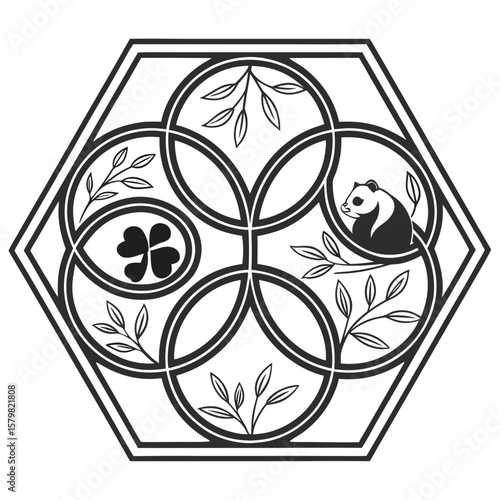 Hexagonal mandala with panda and floral motifs bamboo clover