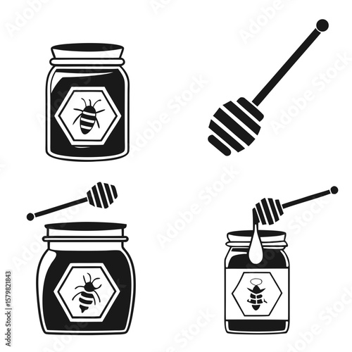 Honey jars and dippers black and white icons hexagon