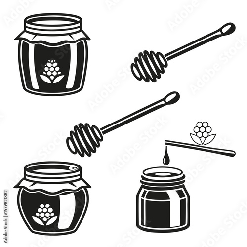 Honey jars and dippers with berry motif black and white food