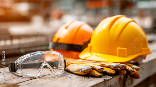 Construction safety gear including hard hats safety goggles and work gloves are placed on a wooden surface at a job site