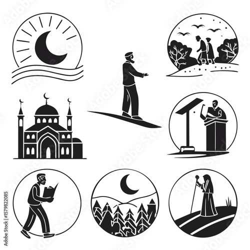 Islamic crescent moon sun rays mosque people gathering sermon reading book vector