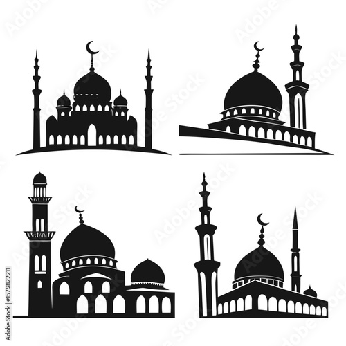 Islamic mosque architecture silhouettes crescent moon minarets domes vector