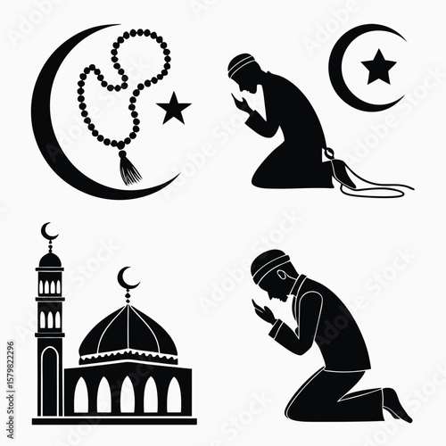 Islamic prayer symbols crescent moon star prayer beads mosque kneeling figures vector
