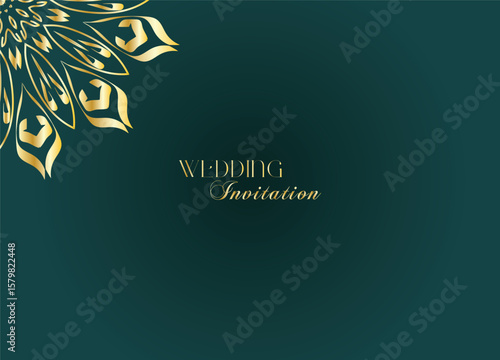 Elegant Gold Mandala Wedding Invitation Template on Dark Green Background
