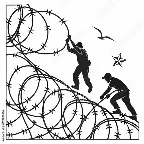 Men working with barbed wire fence and bird silhouette security protection