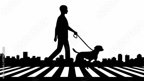 Silhouette of a person walking a dog on a leash across a crosswalk with a city skyline in the background