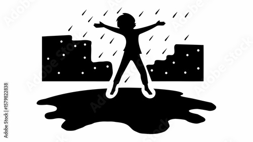 Silhouette of a person with outstretched arms standing in a puddle during rain in a cityscape scene
