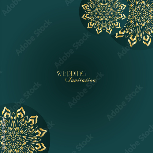 Elegant Gold Mandala Wedding Invitation Template on Dark Green Background