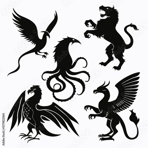 Mythological creatures black silhouettes on white background fantasy beasts