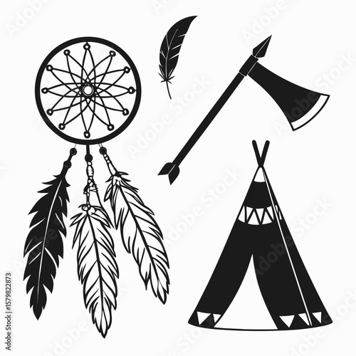 Native american cultural objects dreamcatcher feather tomahawk teepee vector