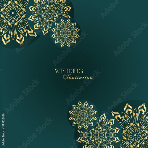 Elegant Gold Mandala Wedding Invitation Template on Dark Green Background
