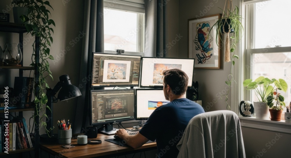 Creative Workspace Setup with Multiple Monitors and Plants Enhancing Productivity and Well-being Creative Workspace Setup with Multiple Monitors and Plants Enhancing Productivity and Well-being