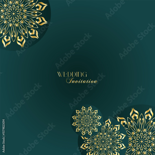 Elegant Gold Mandala Wedding Invitation Template on Dark Green Background