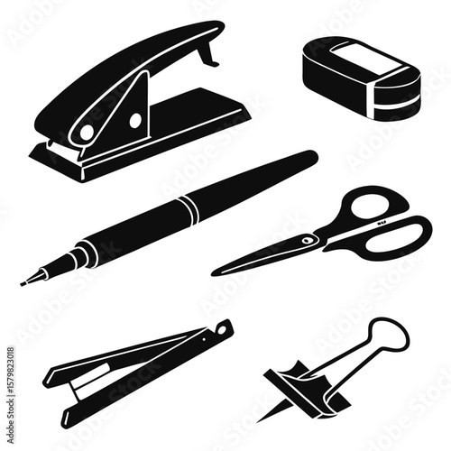 Office supplies collection stapler pen scissors eraser binder clip stationery