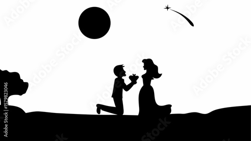 Silhouette of a man proposing to a woman under the moonlight with a shooting star in the night sky