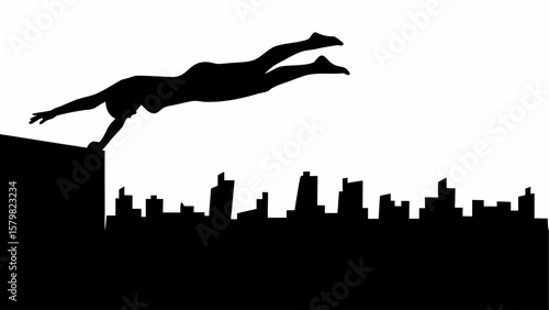 Silhouette of a person diving from a building with a cityscape in the background in black and white style