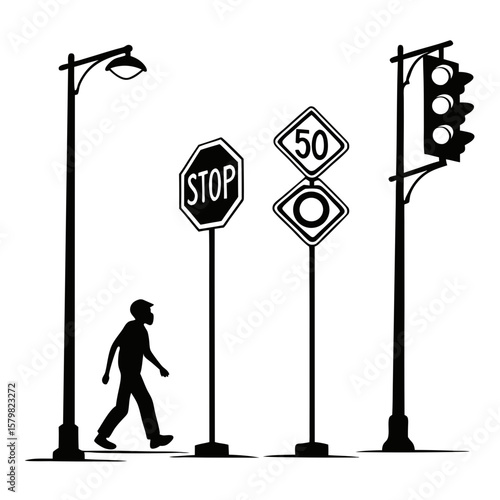 Pedestrian walking past traffic signals and road signs silhouette traffic light
