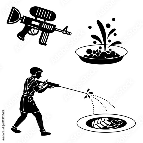 Person with water gun spraying liquid at food vector