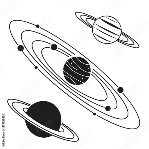 Planetary orbits with celestial bodies and rings space planets