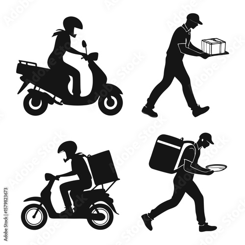 Scooter riders and delivery personnel carrying packages and food vector