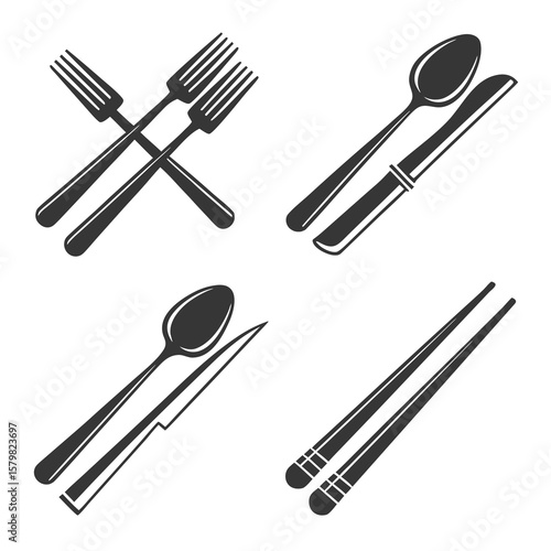 Set of four cutlery icons including forks spoons and chopsticks knife
