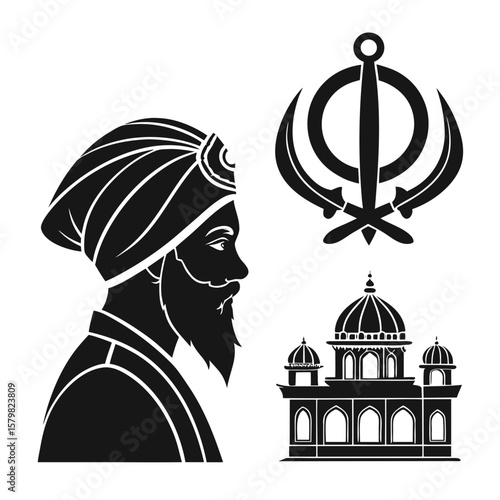 Sikh man turban Khanda symbol Gurdwara building silhouette sikhism religion