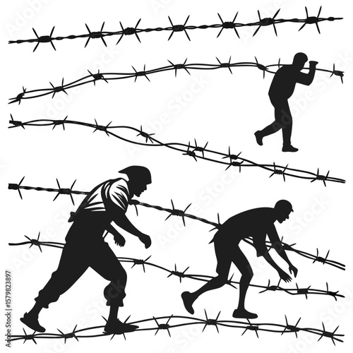 Silhouettes of people crawling under barbed wire danger