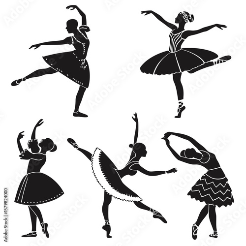 Six black ballet dancers in graceful poses silhouettes white