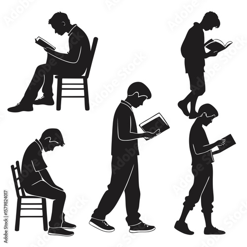 Six black silhouettes of boys reading books in various poses students