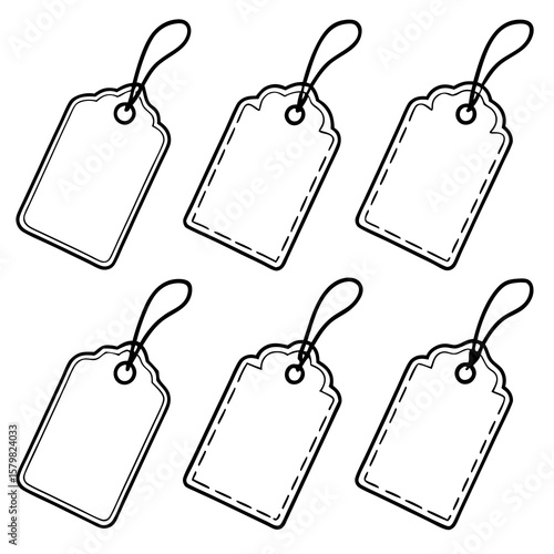 Six blank editable label border silhouettes with hanging strings vector