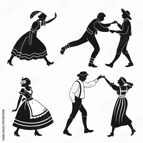 Six couples dancing traditional folk costumes black silhouettes folk dance traditional costumes