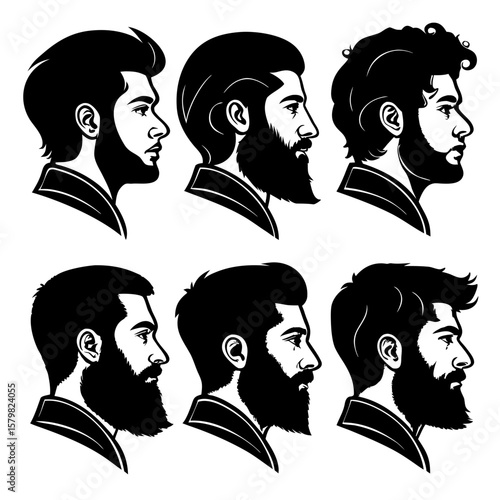 Six diverse male profile silhouettes with beards vector