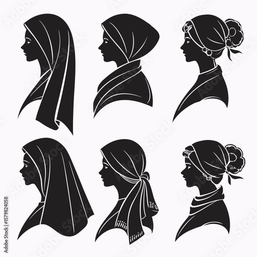 Six female profiles wearing headscarves and shawls silhouette headscarf