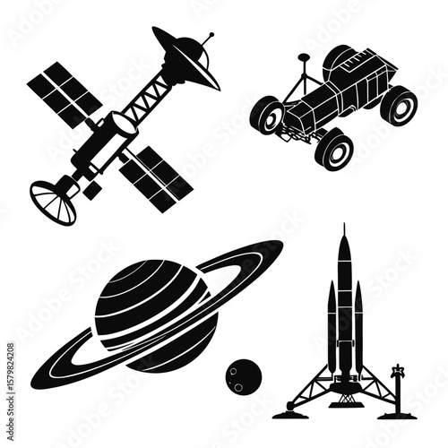 Space exploration icons satellite rocket planet rover vector