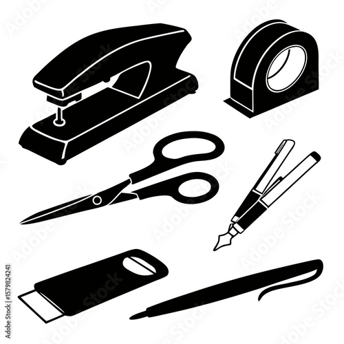 Stapler scissors tape dispenser utility knife pens vector