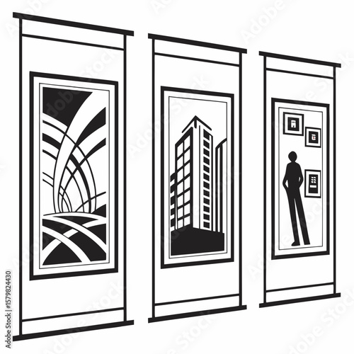 Three vertical display panels with artwork exhibition