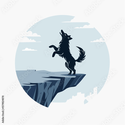 Flat vector illustration of a black silhouette wolf rearing up on its hind legs at the edge of a cliff in a circle form. Strong contrast and bold composition, perfect for modern graphic use