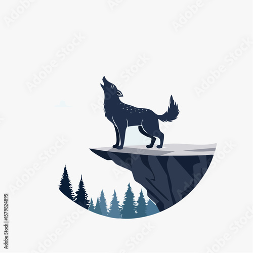 Flat vector illustration of a black silhouette wolf rearing up on its hind legs at the edge of a cliff in a circle form. Strong contrast and bold composition, perfect for modern graphic use