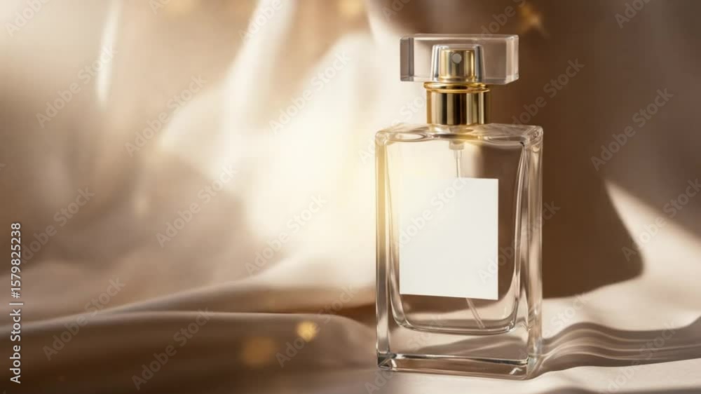 Perfume bottle on beige fabric blank label Perfume bottle on beige fabric blank label