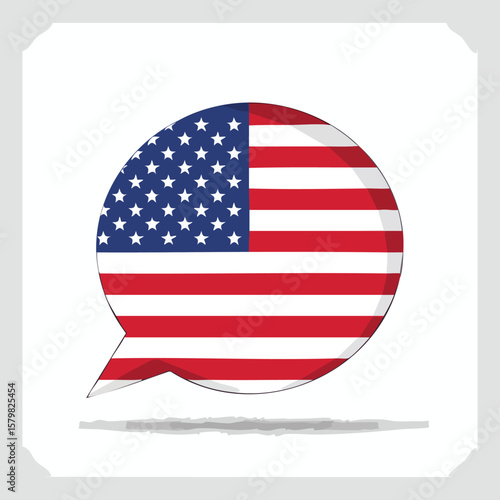 A stylized illustration of the American flag within a speech bubble, representing communication.