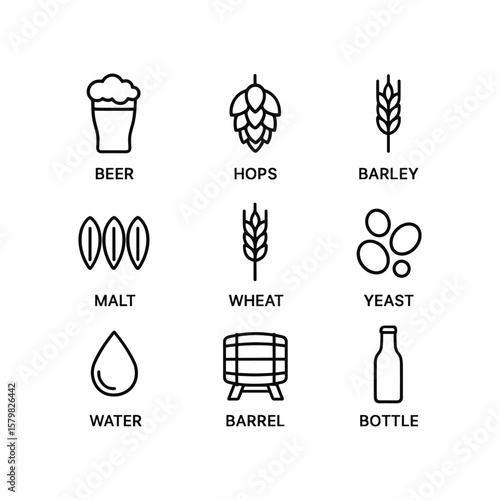Brewing ingredients icons vector set. Outline symbols. Line design