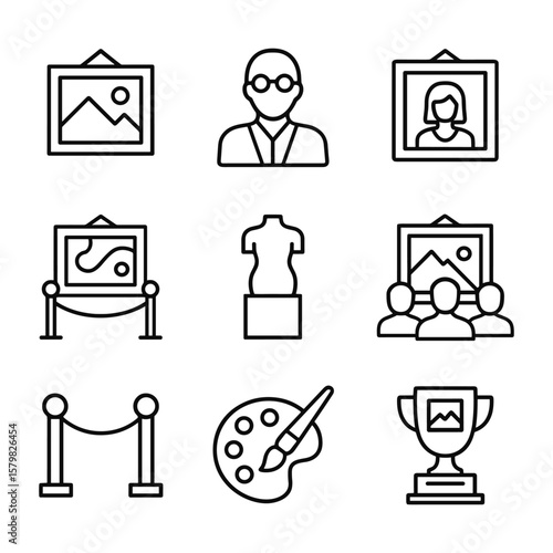 Fine art and exhibition icons. Outline symbols. Line design