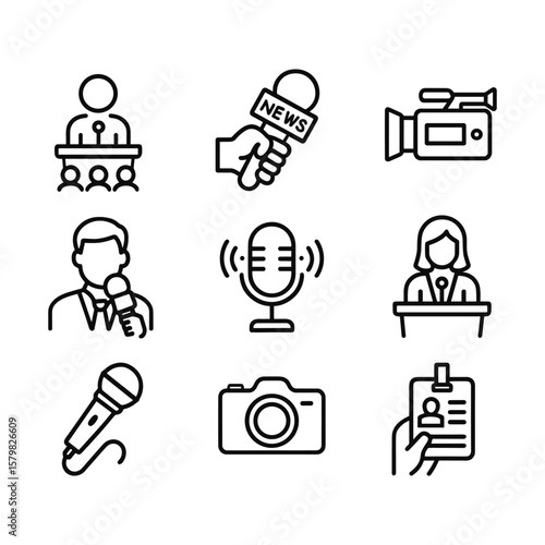 News conference journalism icons. Outline symbols. Line design