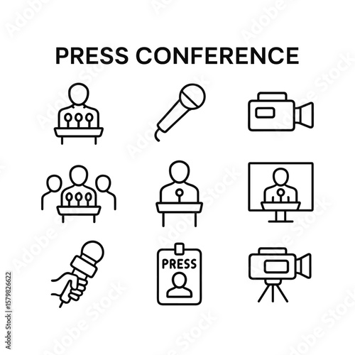 Press conference media icons set. Outline symbols. Line design
