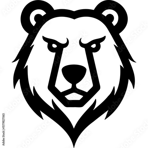 Sketchy emblem of brown bear face. Engraving minimalistic vector in black ink drawing on transparent background