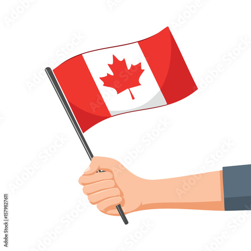 A person's hand holding and waving the national flag of Canada against a white background.
