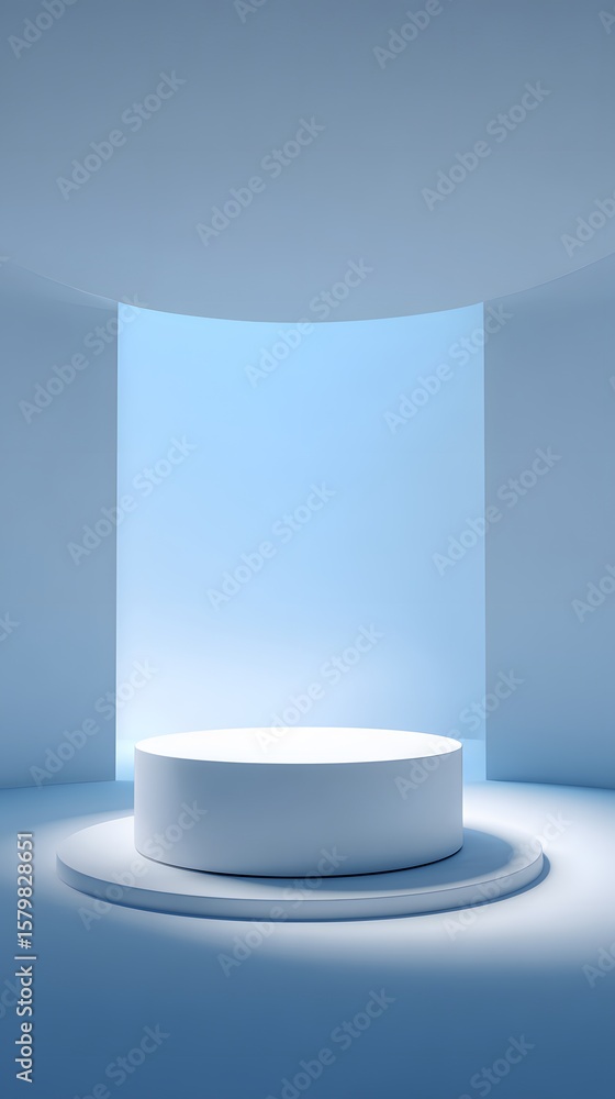 Fototapeta premium Futuristic empty white podium with gentle gradient surround in blue tones