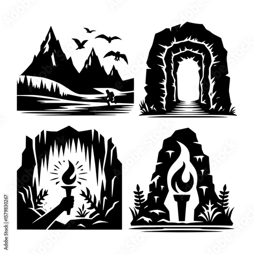 Four black and white icons representing exploration and adventure